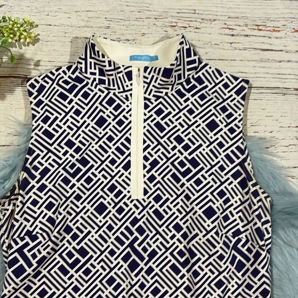 J. McLaughlin Bedford Blue Geometric Zip Neck Shift Dress - Picture 5 of 9